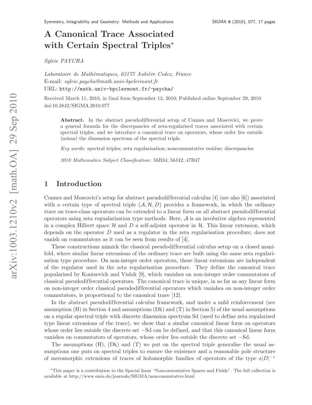 A Canonical Trace Associated with Certain Spectral Triples 3