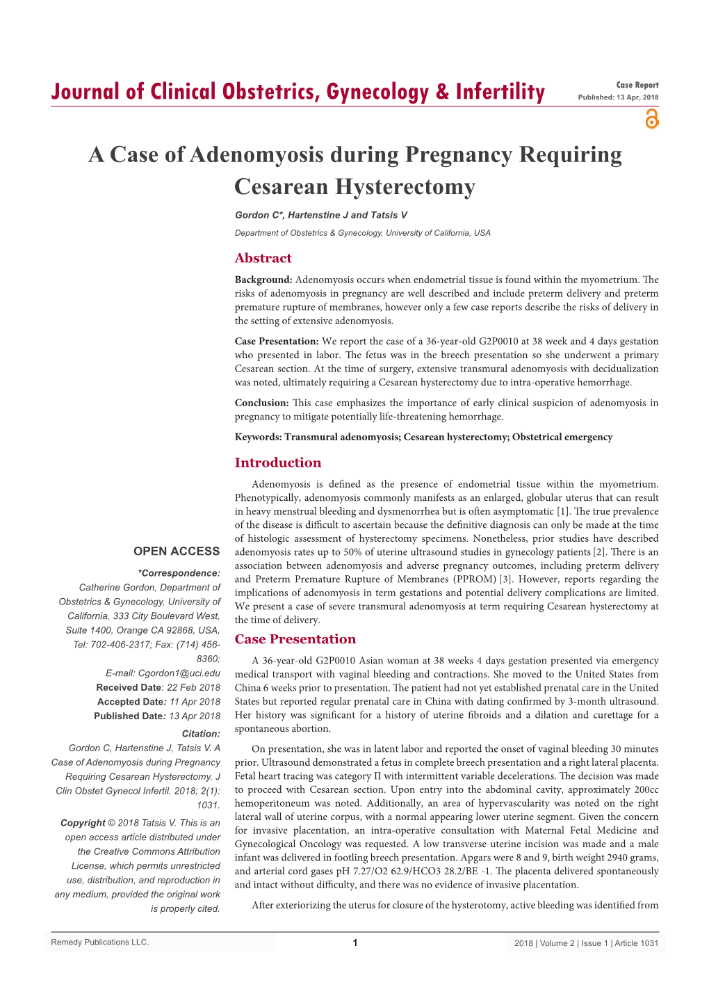 A Case of Adenomyosis During Pregnancy Requiring Cesarean Hysterectomy