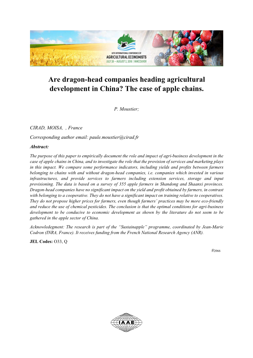 Are Dragon-Head Companies Heading Agricultural Development in China? the Case of Apple Chains