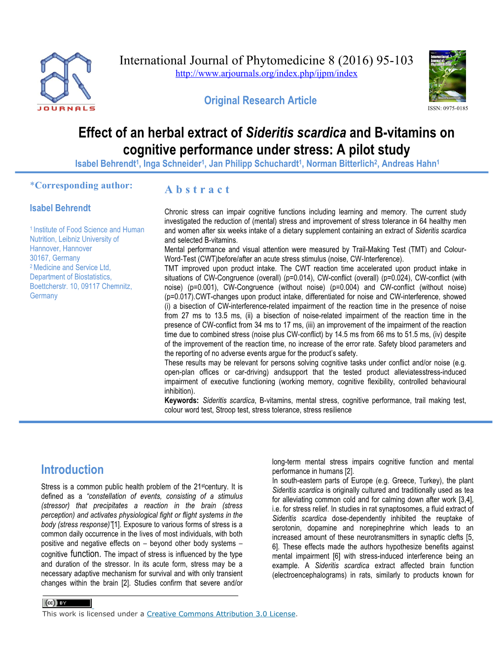 Effect of an Herbal Extract of Sideritis Scardica and B-Vitamins on Cognitive Performance Under Stress: a Pilot Study