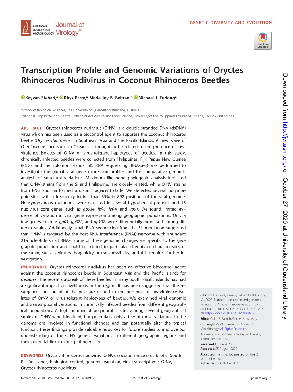 Transcription Profile and Genomic Variations of Oryctes Rhinoceros