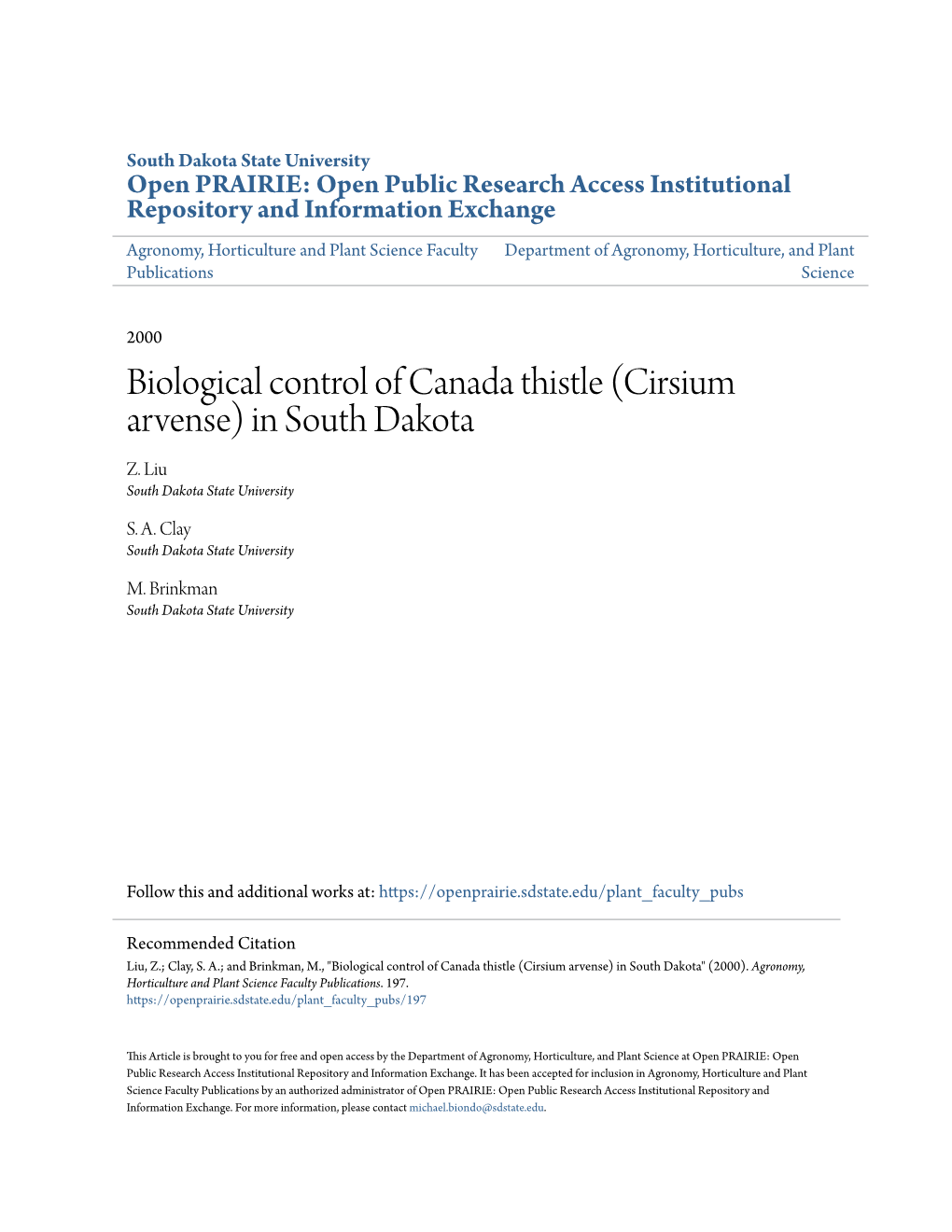 Biological Control of Canada Thistle (Cirsium Arvense) in South Dakota Z