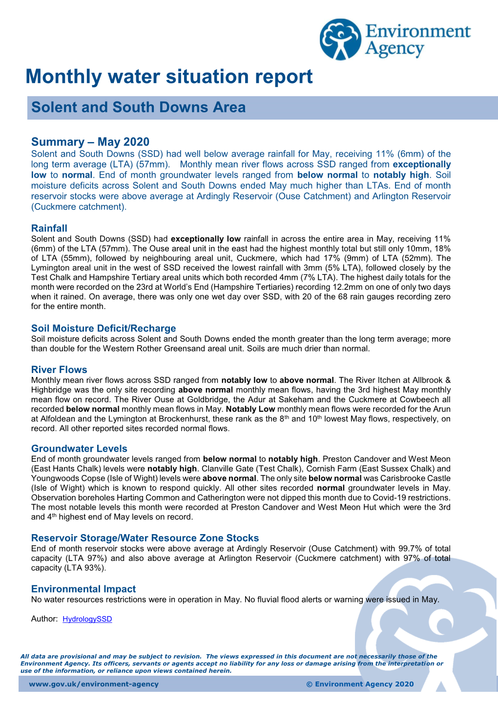 Water Situation Report Solent and South Downs Area