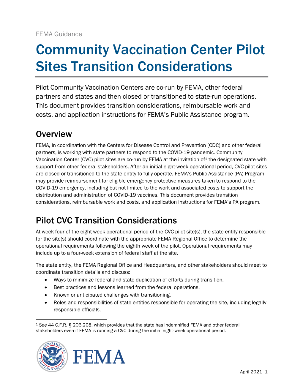 Community Vaccination Center Pilot Sites Transition Considerations