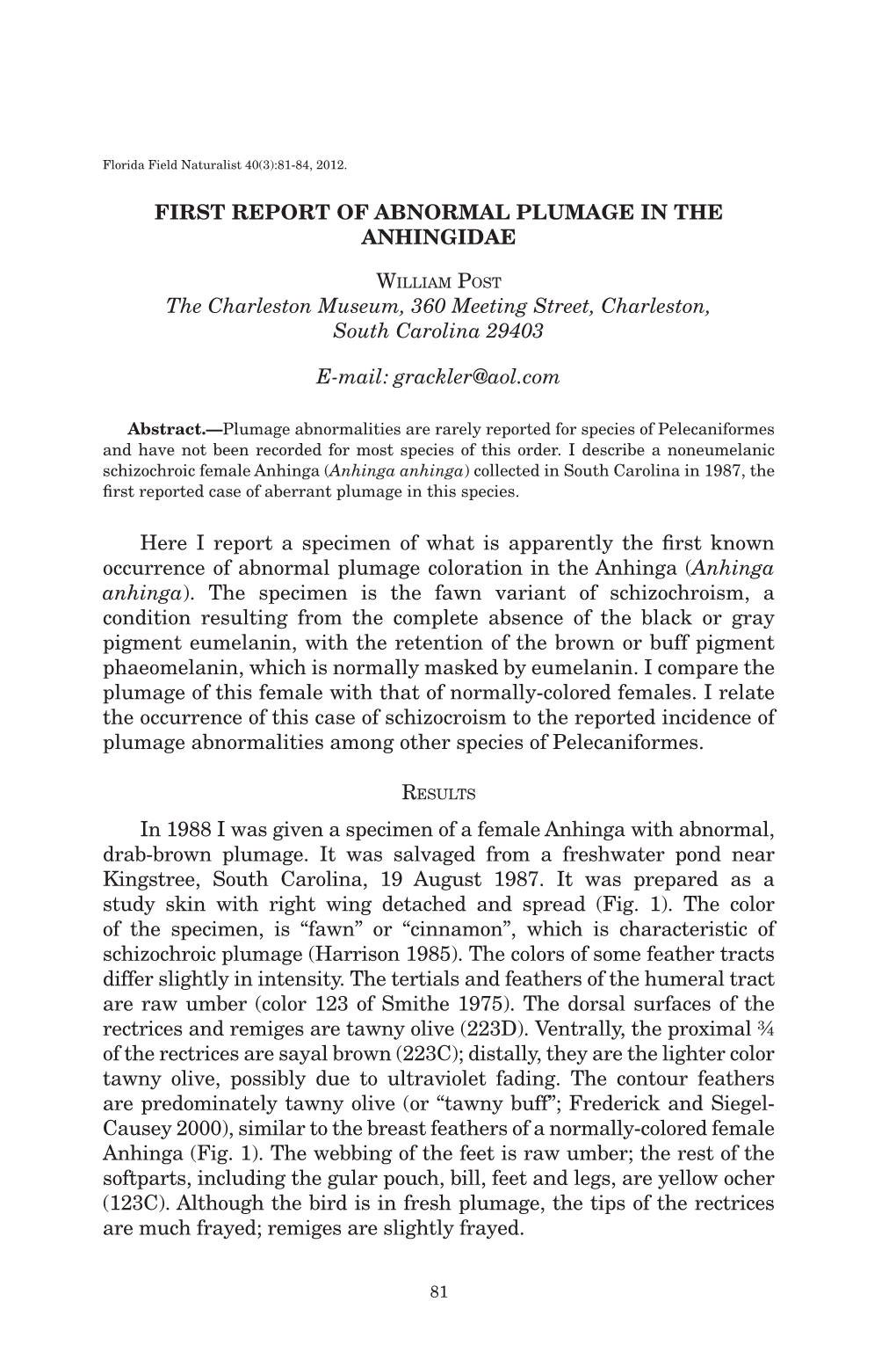 First Report of Abnormal Plumage in the Anhingidae