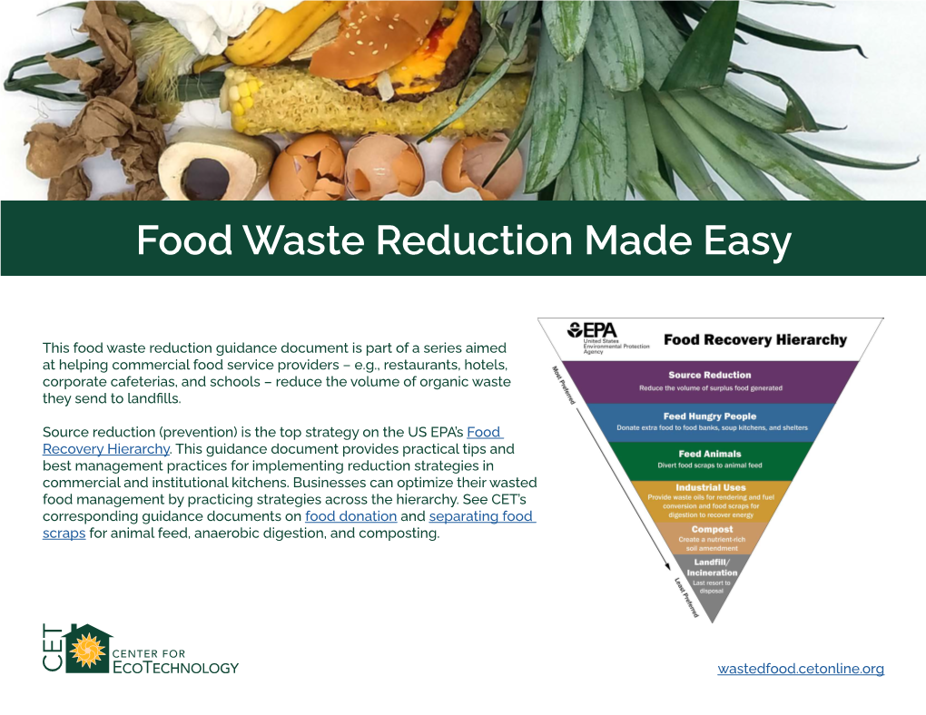 Source Reduction (Prevention) Is the Top Strategy on the US EPA’S Food Recovery Hierarchy