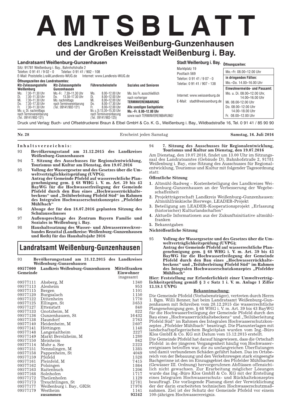 AMTSBLATT Des Landkreises Weißenburg-Gunzenhausen Und Der Großen Kreisstadt Weißenburg I