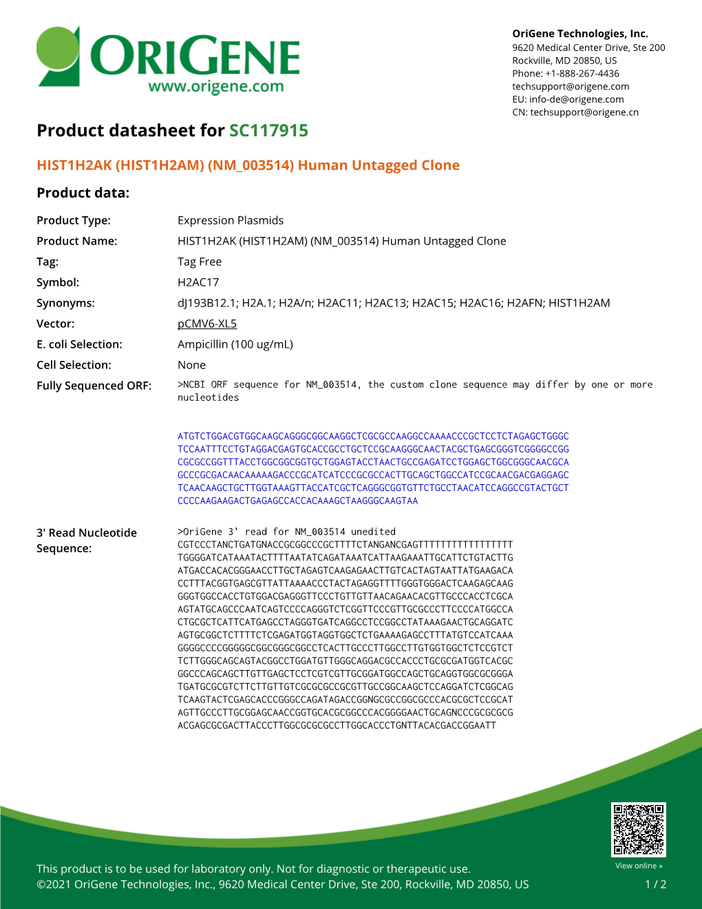 HIST1H2AK (HIST1H2AM) (NM 003514) Human Untagged Clone Product Data