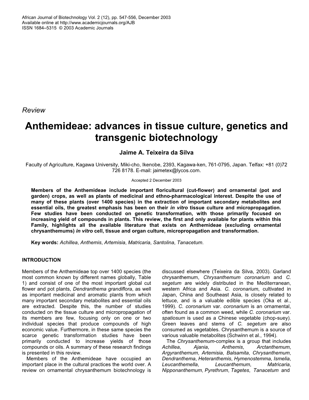 Advances in Tissue Culture, Genetics and Transgenic Biotechnology