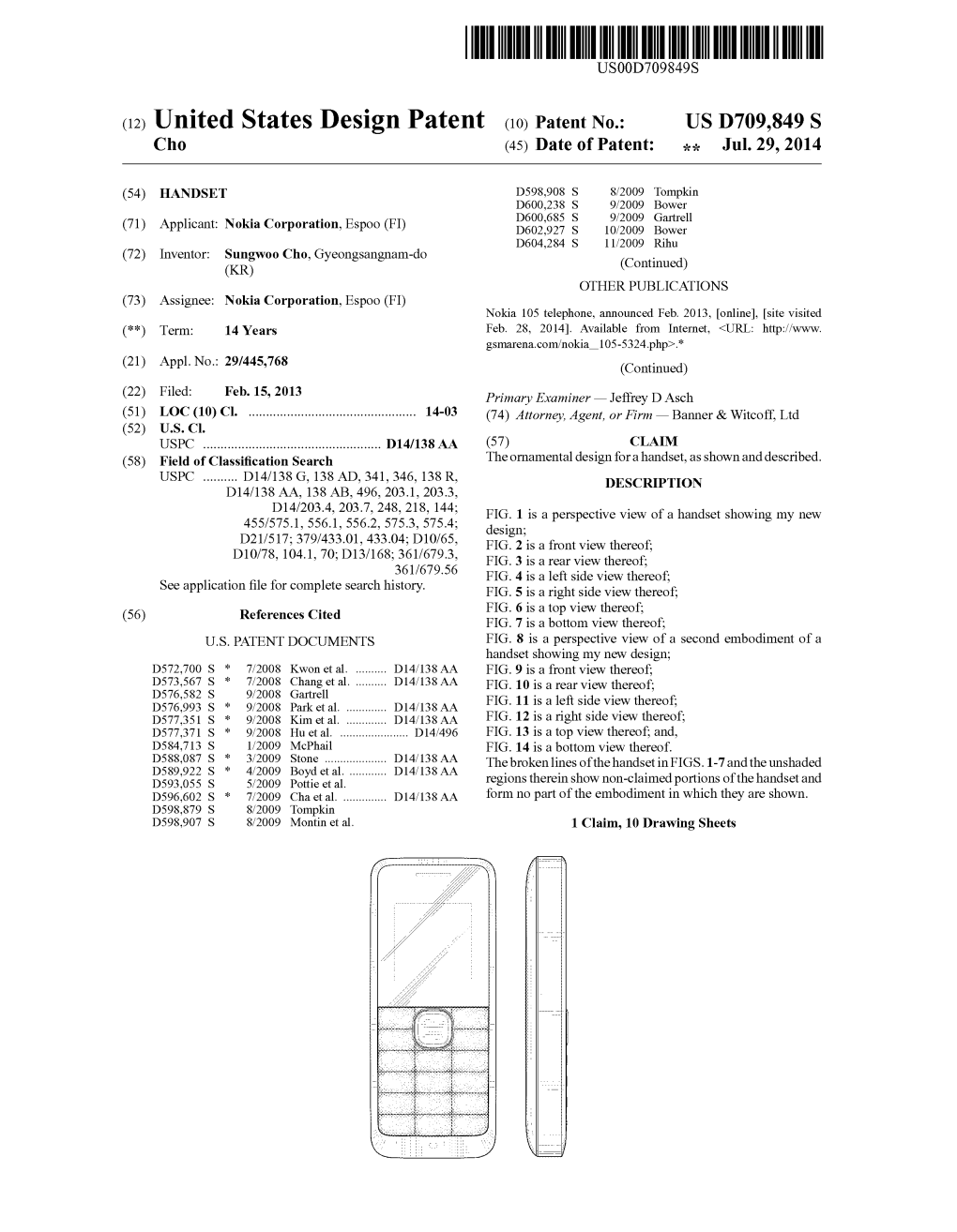 (12) United States Design Patent (10) Patent N0.: US D709,849 S Cho (45) Date of Patent: 11* Jul