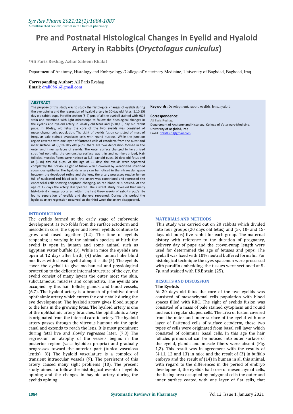 Pre and Postnatal Histological Changes in Eyelid and Hyaloid Artery in Rabbits (Oryctolagus Cuniculus)