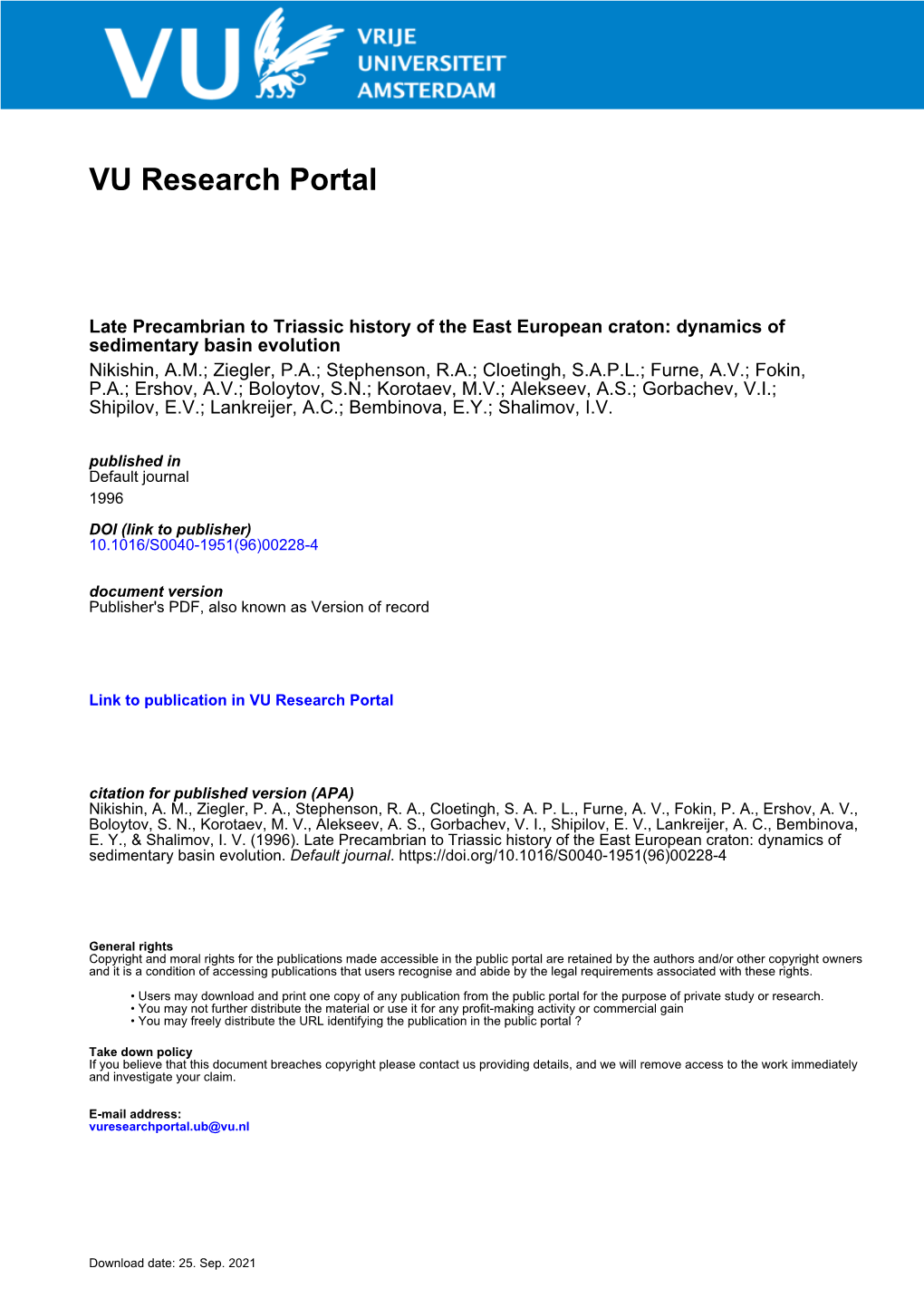 Late Precambrian to Triassic History of the East