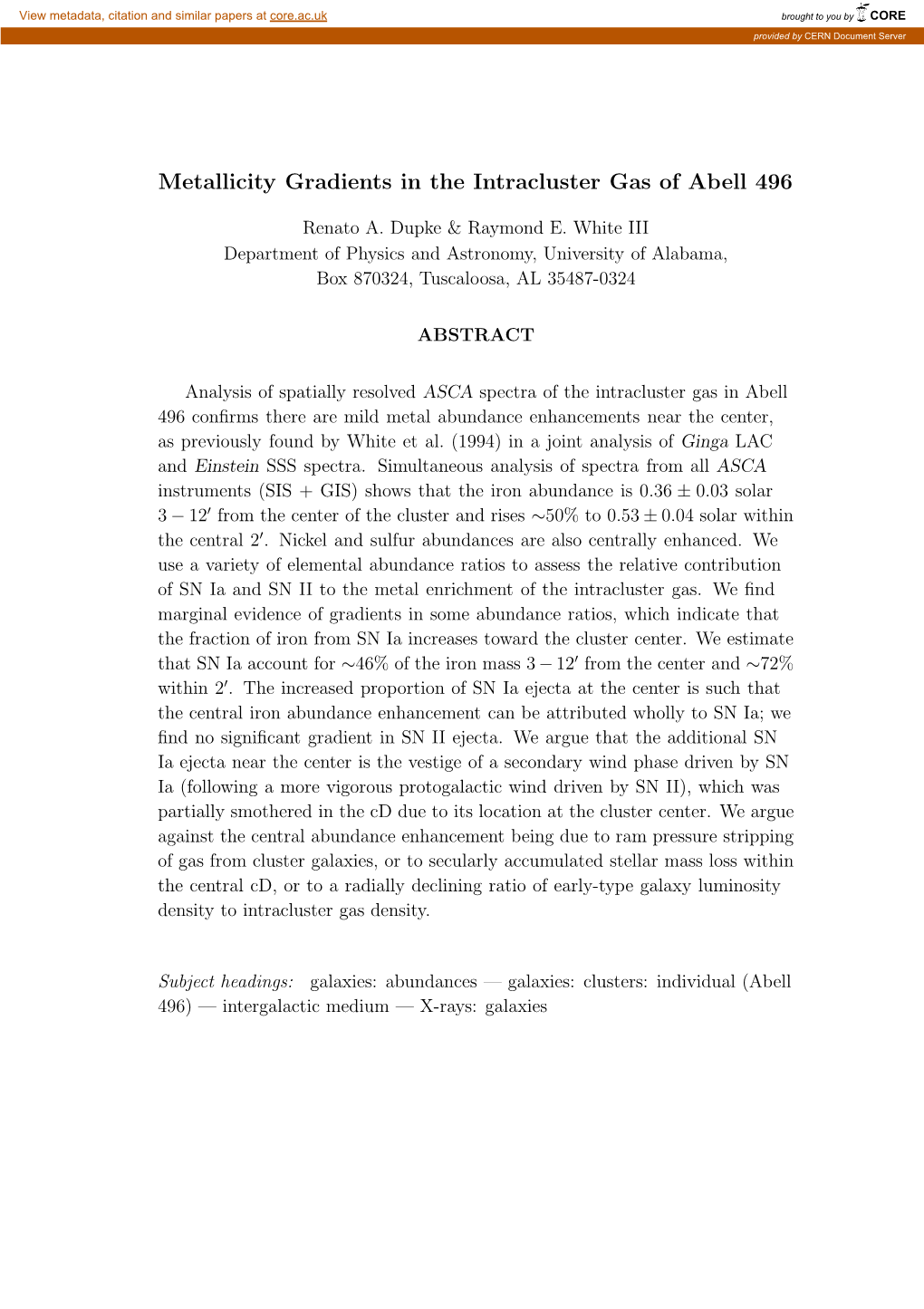 Metallicity Gradients in the Intracluster Gas of Abell 496