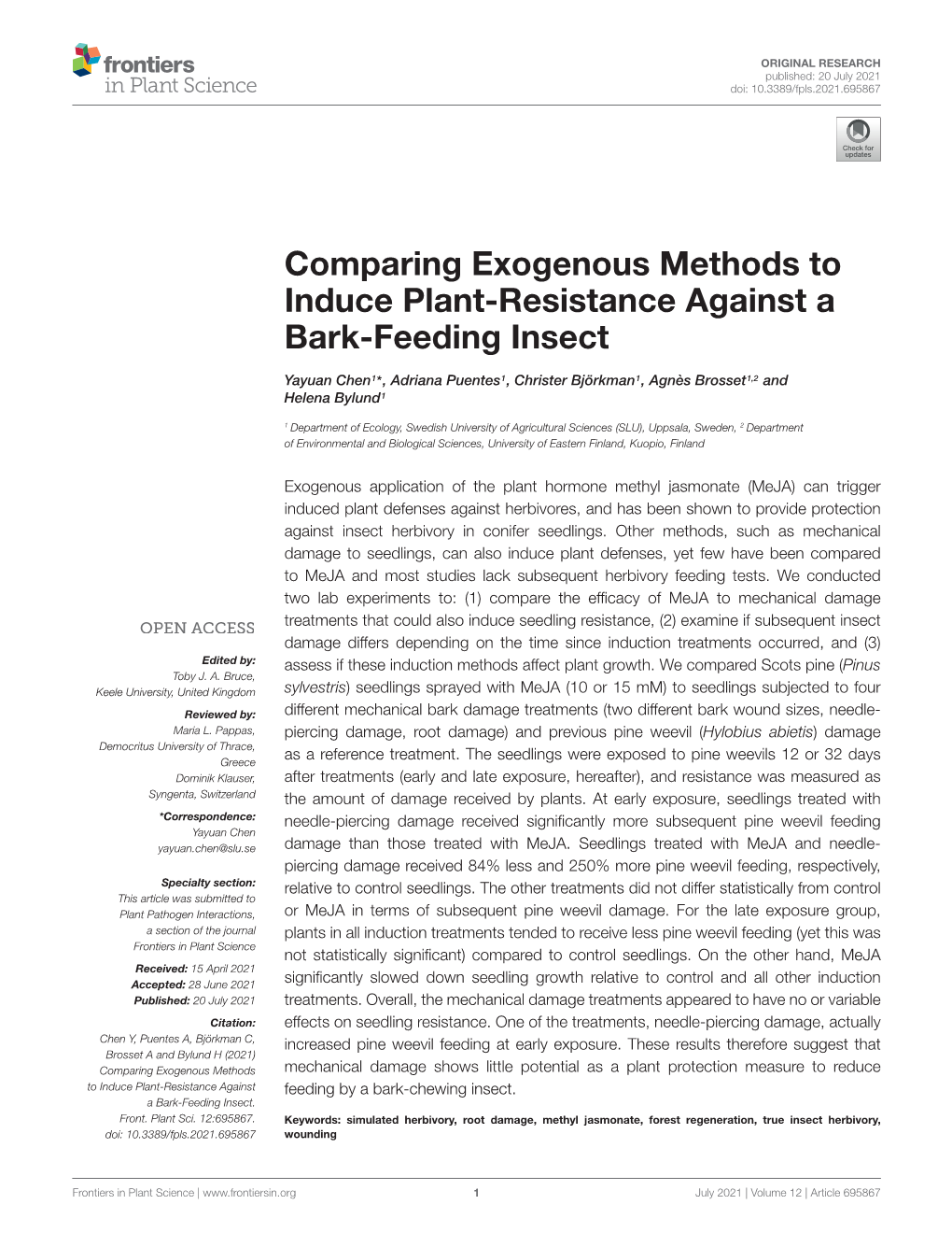 Comparing Exogenous Methods to Induce Plant-Resistance Against a Bark-Feeding Insect