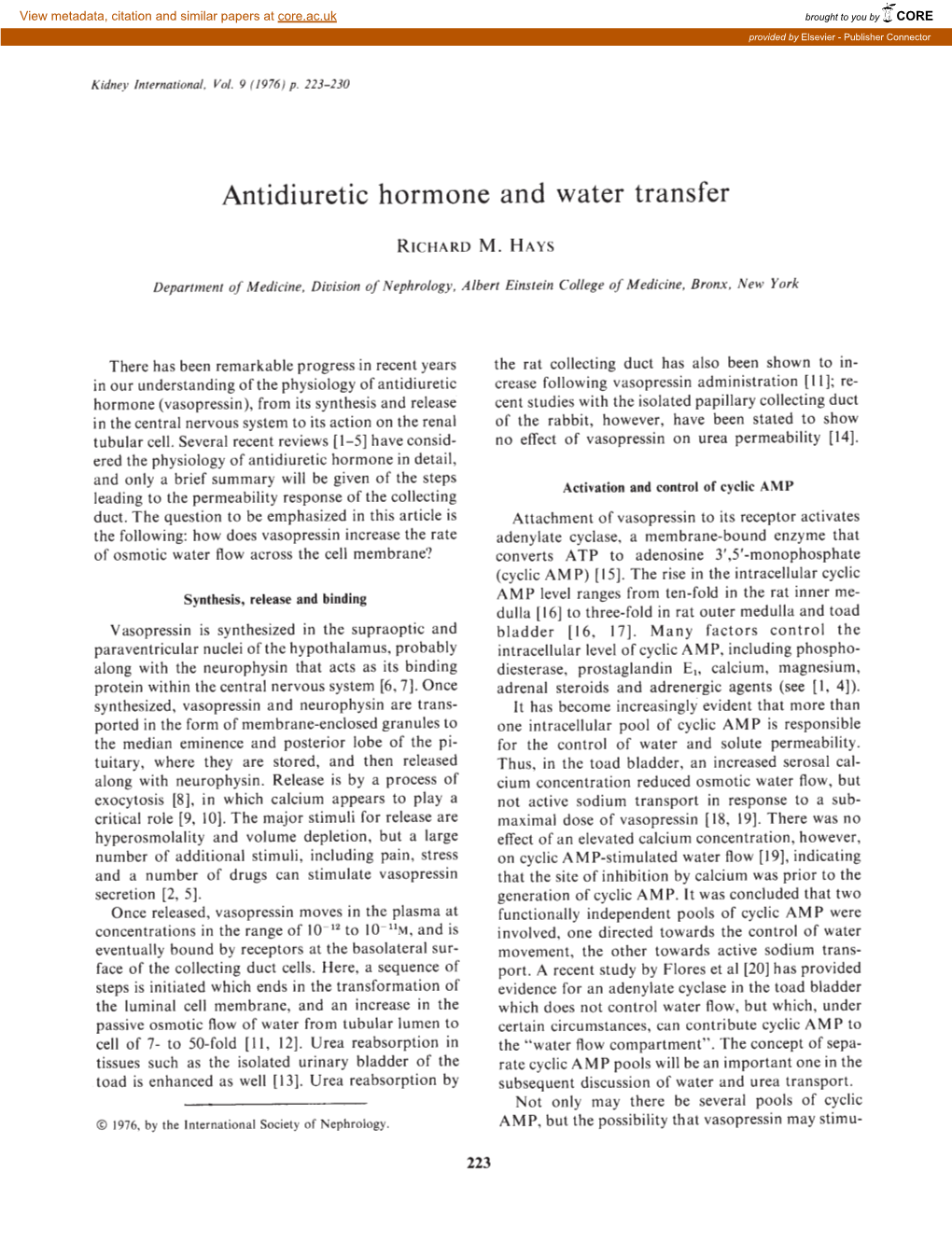 Antidiuretic Hormone and Water Transfer
