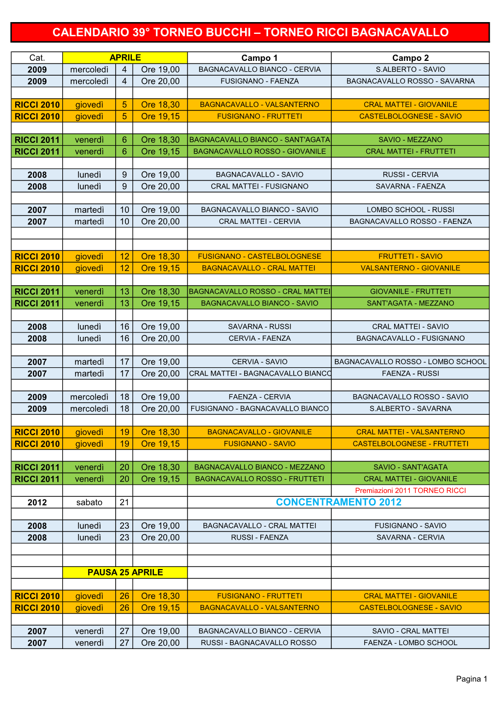 Calendario 39° Torneo Bucchi – Torneo Ricci Bagnacavallo