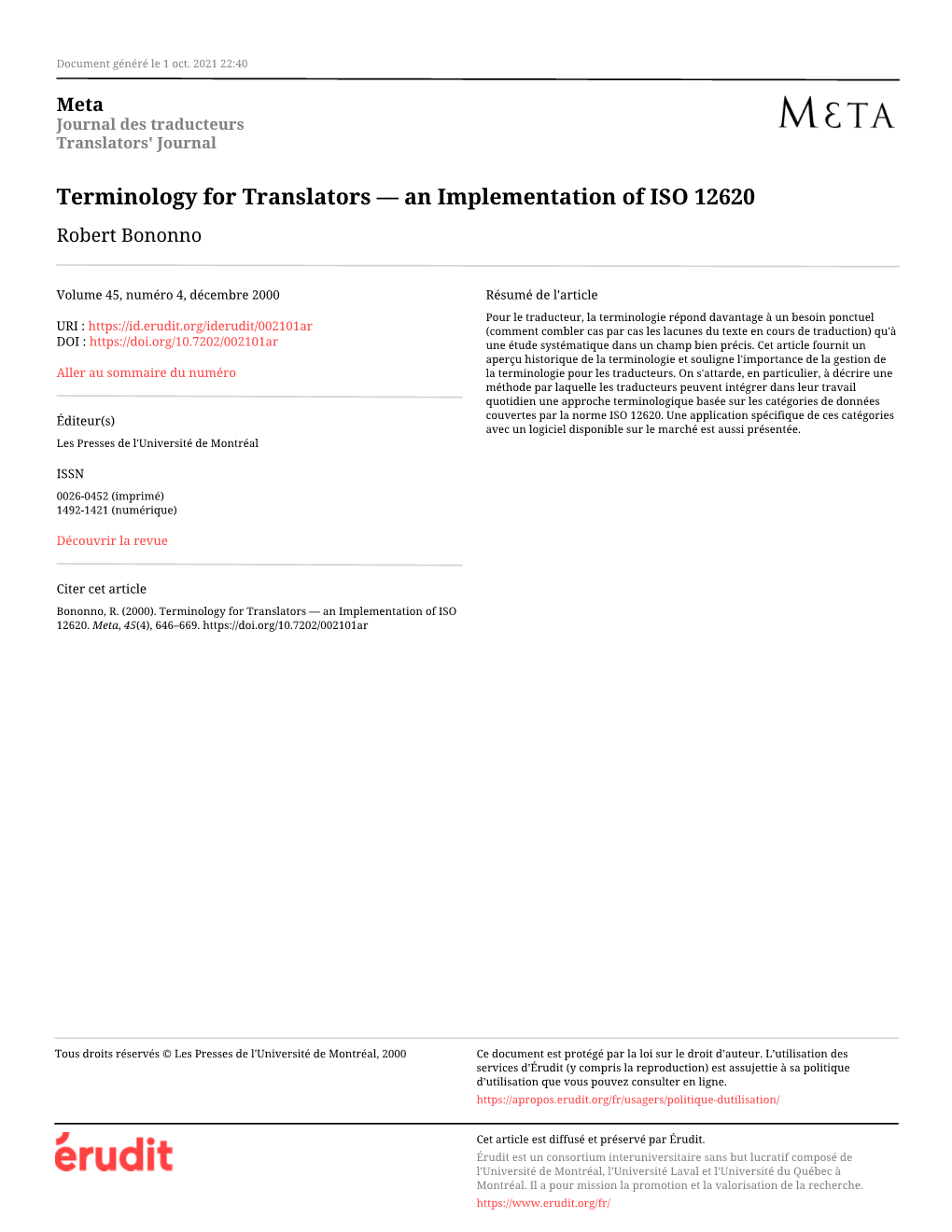 Terminology for Translators — an Implementation of ISO 12620 Robert Bononno