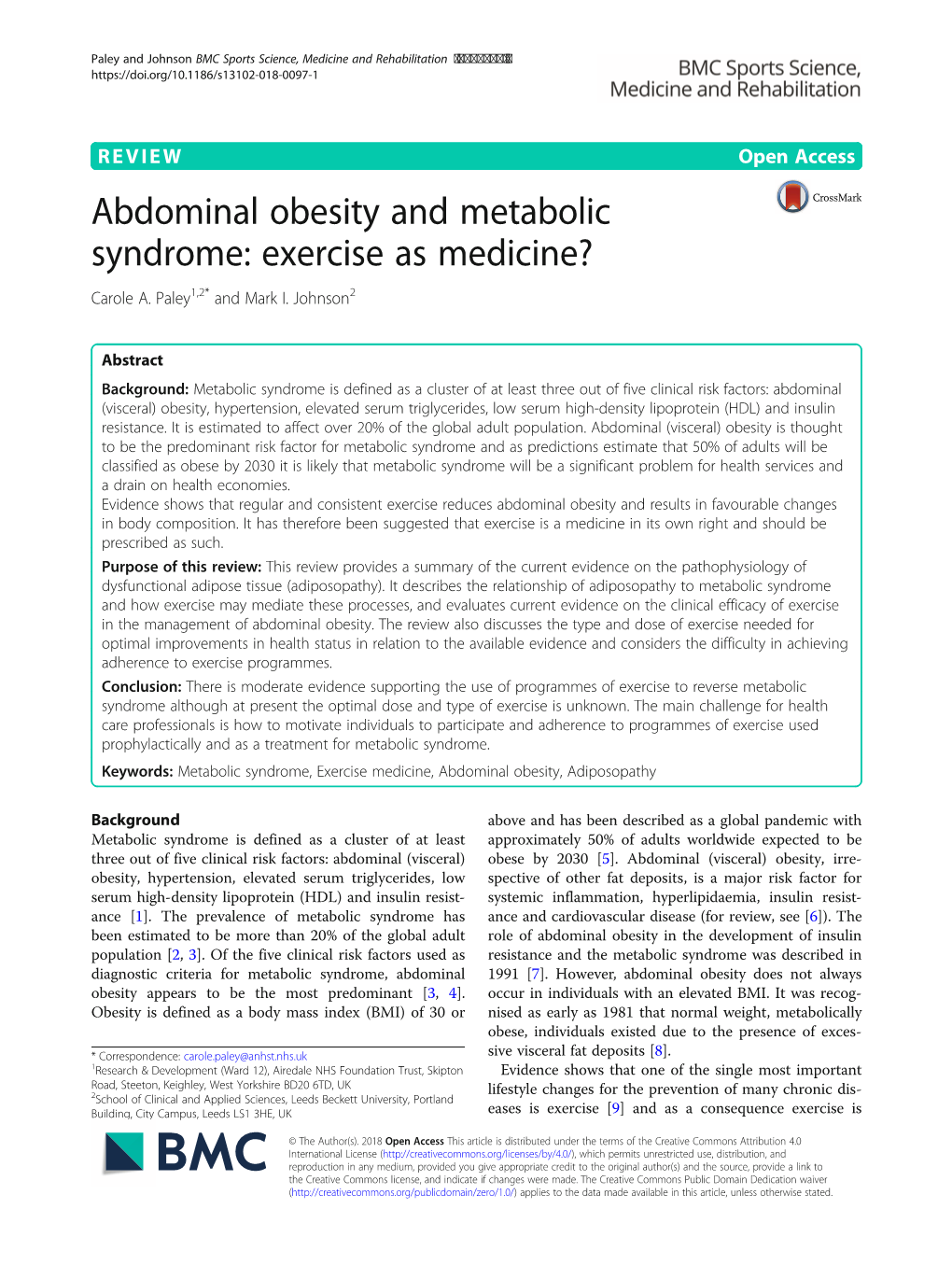 Abdominal Obesity and Metabolic Syndrome: Exercise As Medicine? Carole A