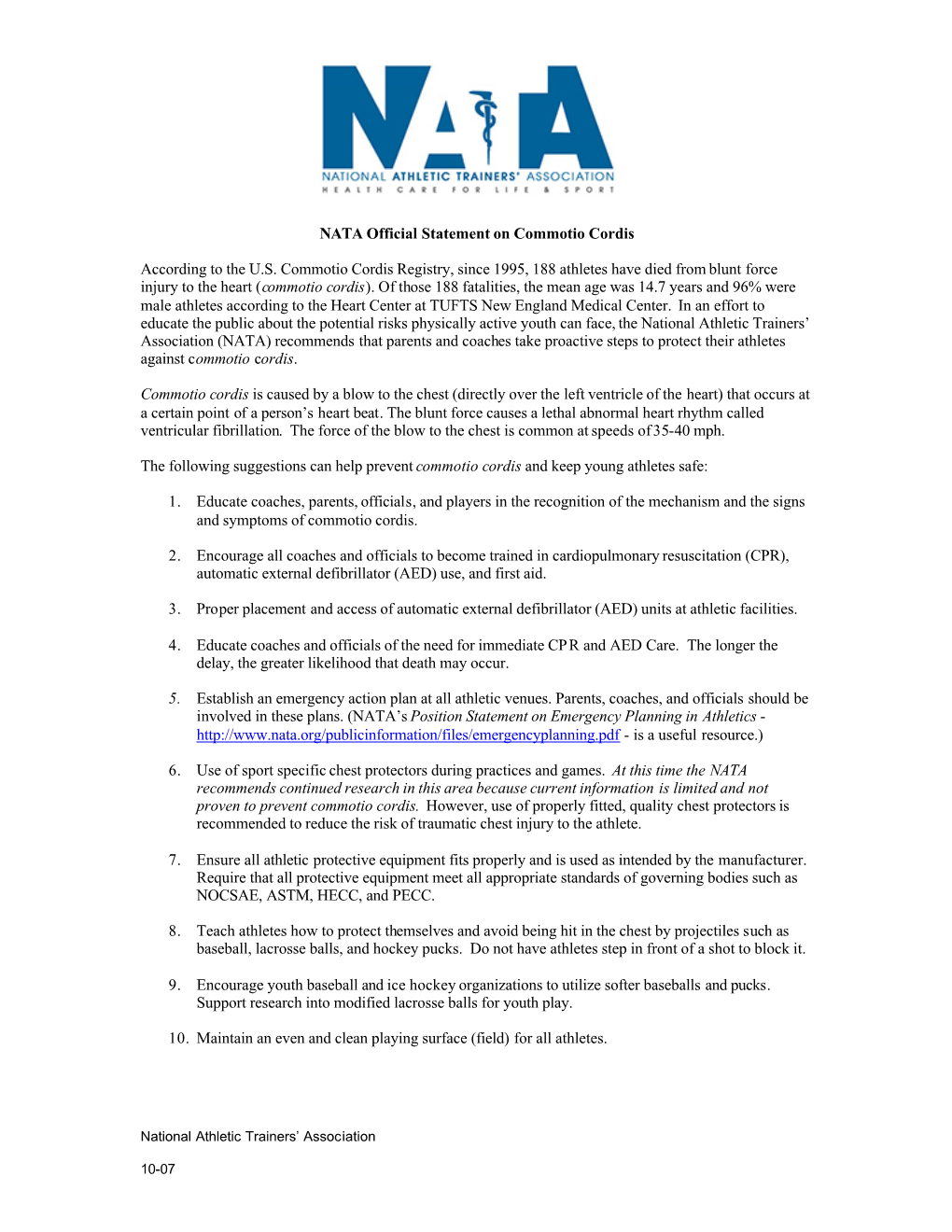 NATA Official Statement on Commotio Cordis According to the U.S