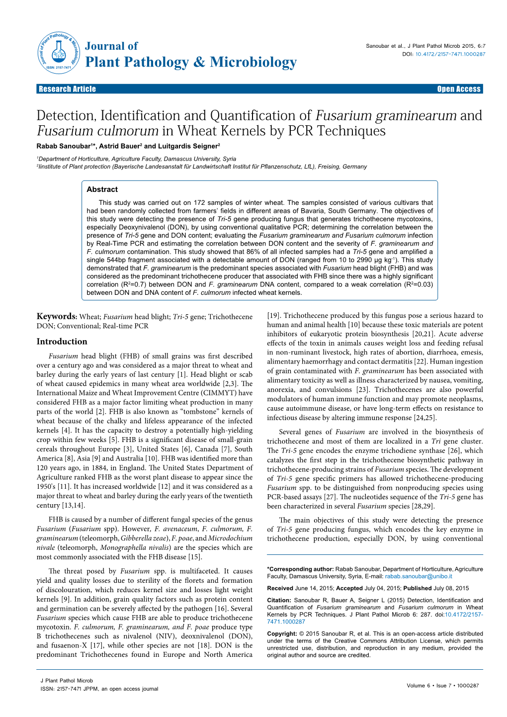 Detection, Identification and Quantification of Fusarium