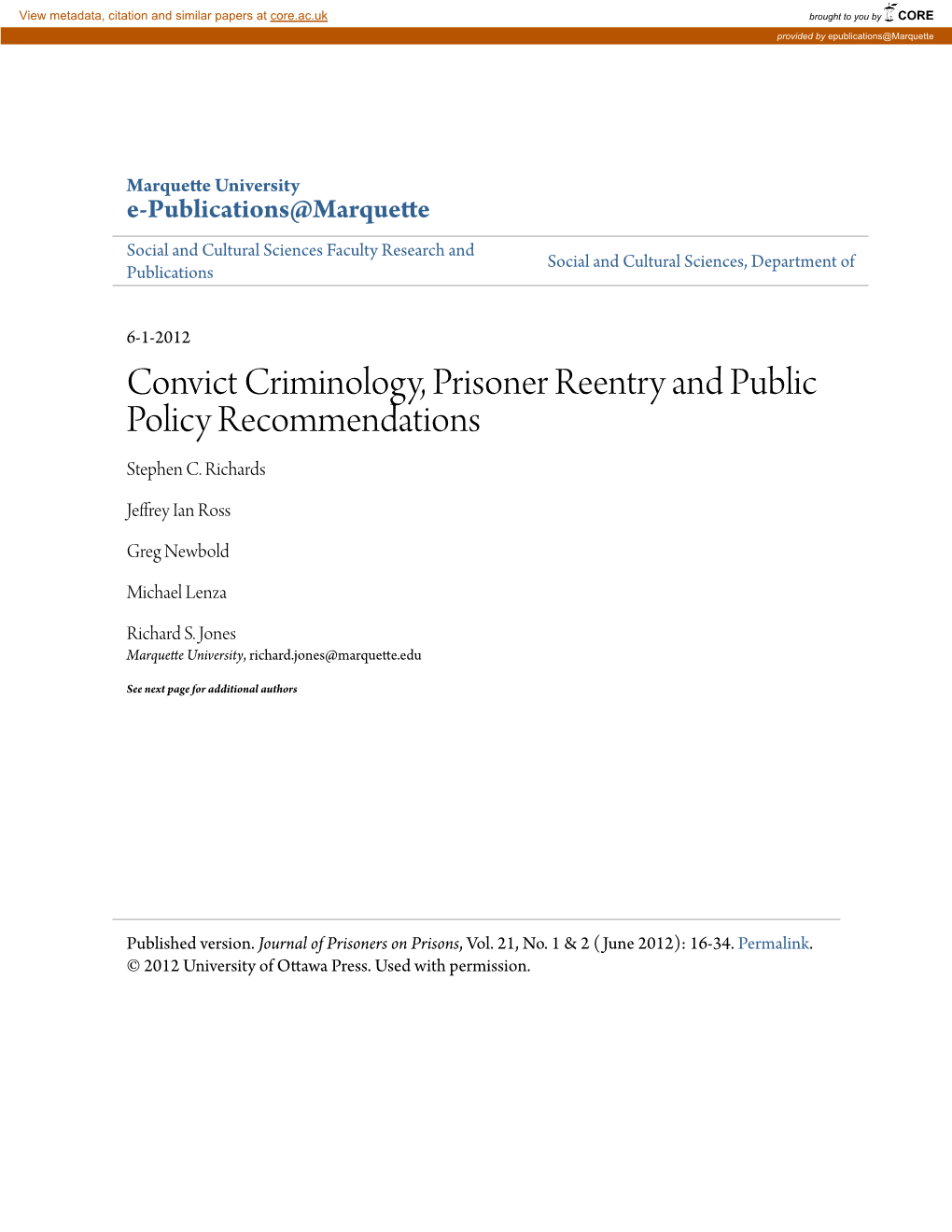 Convict Criminology, Prisoner Reentry and Public Policy Recommendations Stephen C