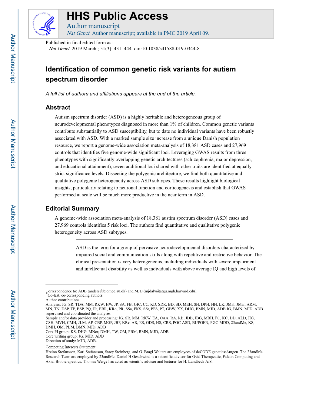 Identification of Common Genetic Risk Variants for Autism Spectrum Disorder