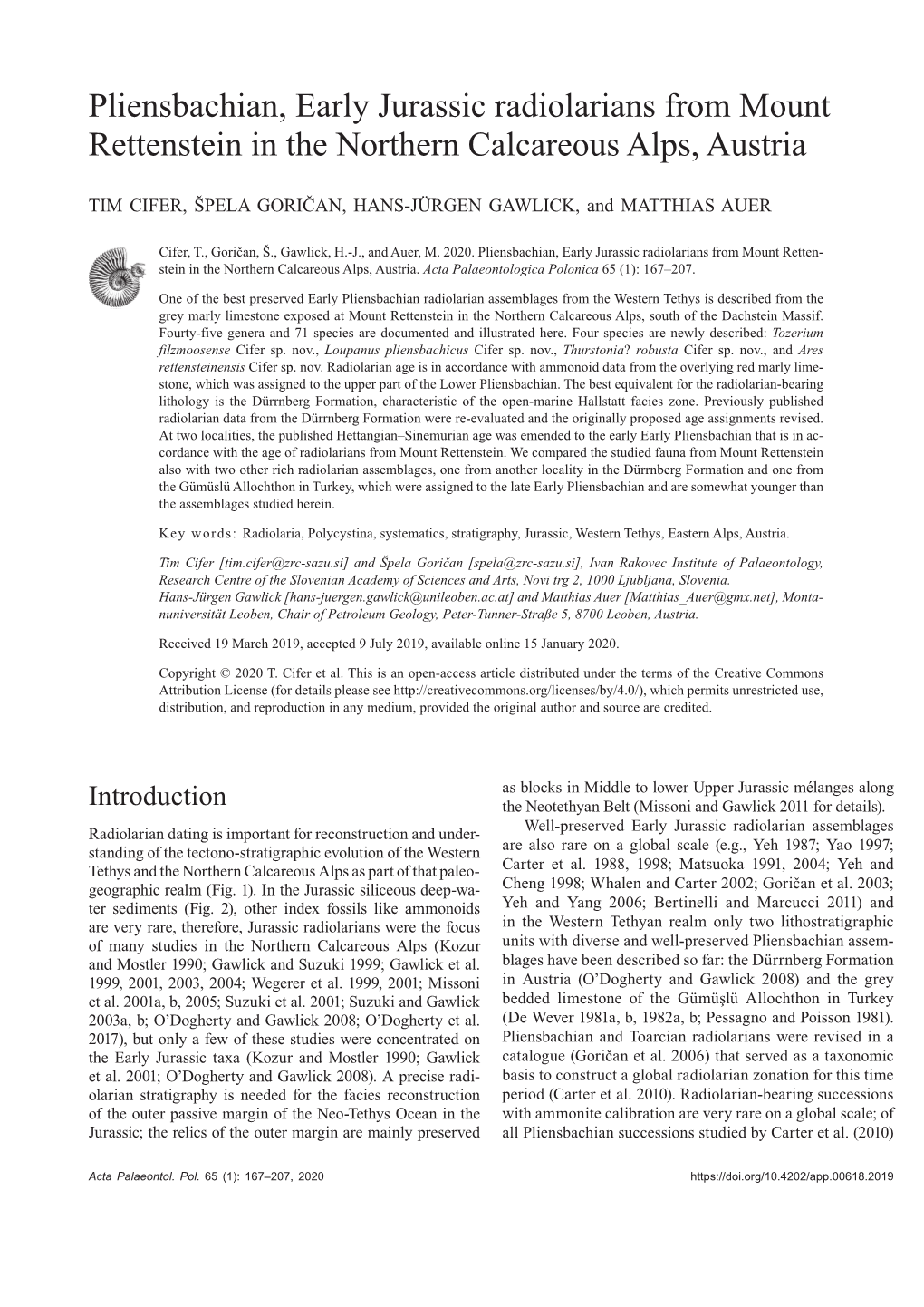 Pliensbachian, Early Jurassic Radiolarians from Mount Rettenstein in the Northern Calcareous Alps, Austria