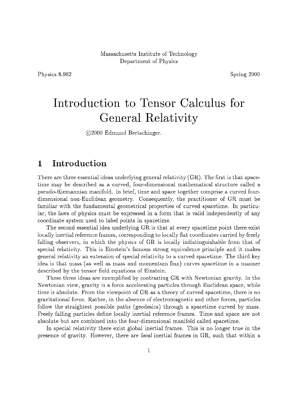 Introduction to Tensor Calculus for General Relativity