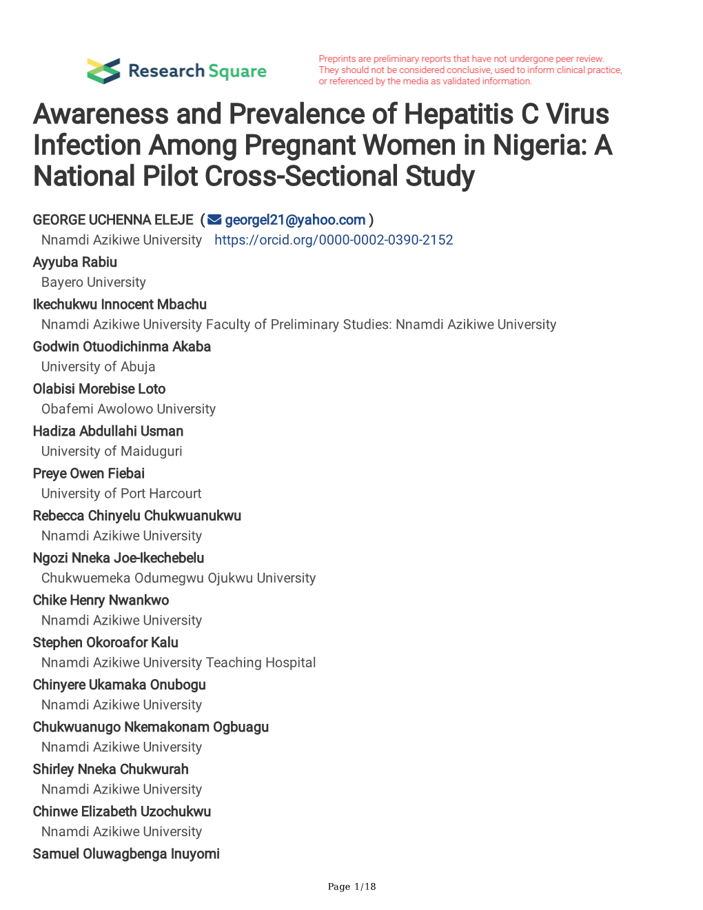Awareness and Prevalence of Hepatitis C Virus Infection Among Pregnant Women in Nigeria: a National Pilot Cross-Sectional Study
