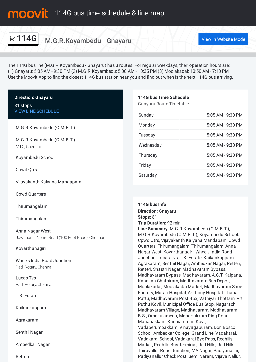 114G Bus Time Schedule & Line Route