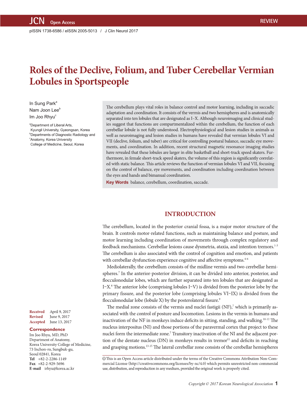 Roles of the Declive, Folium, and Tuber Cerebellar Vermian Lobules in Sportspeople