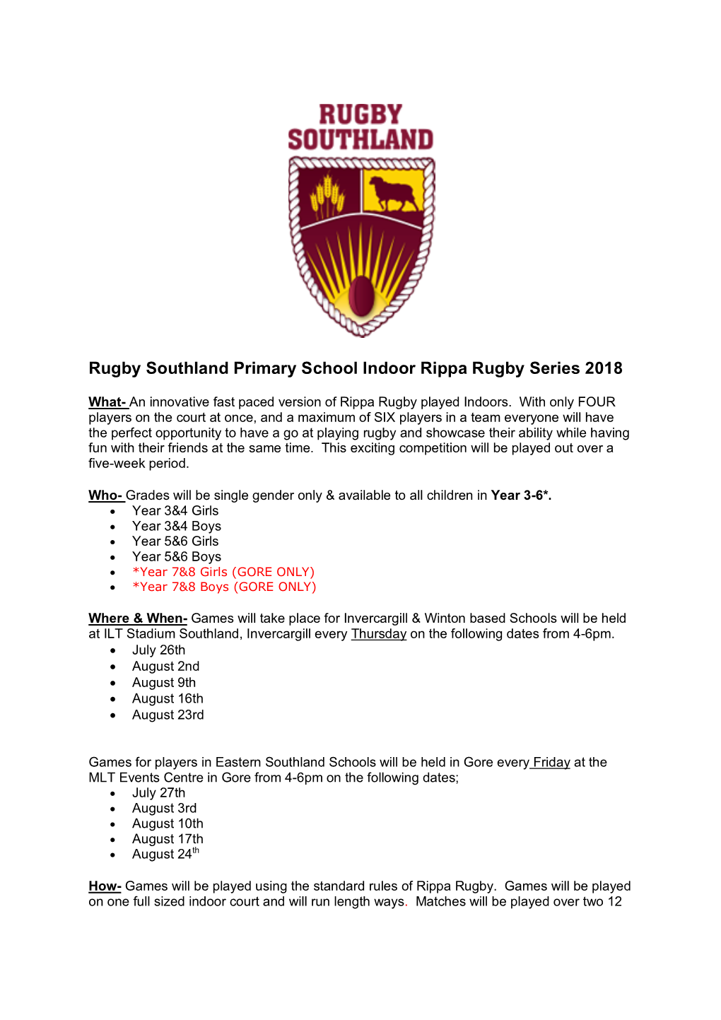 Rugby Southland Primary School Indoor Rippa Rugby Series 2018