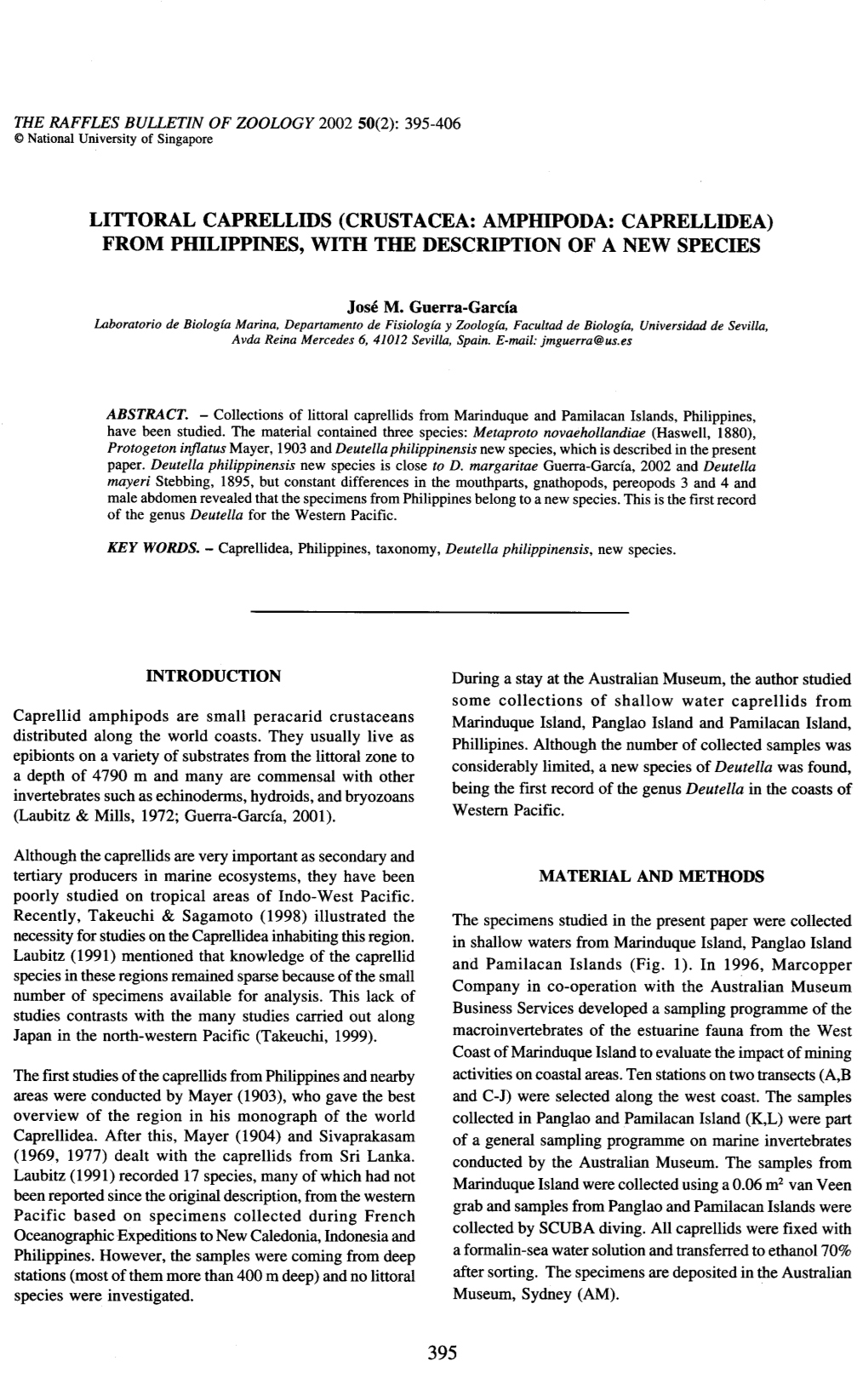 LITTORAL Caprellms (CRUSTACEA: Ampffipoda: Caprellmea) from PHILIPPINES, with the DESCRIPTION of a NEW SPECIES