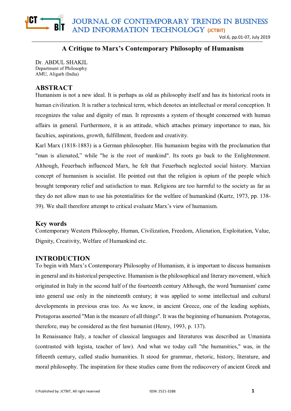 JOURNAL of CONTEMPORARY TRENDS in BUSINESS and INFORMATION TECHNOLOGY (JCTBIT) a Critique to Marx's Contemporary Philosophy Of