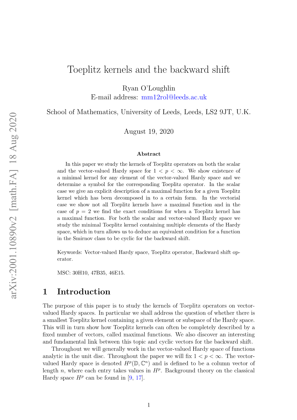 [Math.FA] 18 Aug 2020 Toeplitz Kernels and the Backward Shift