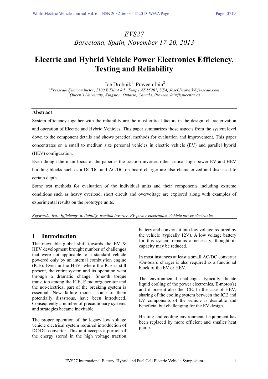 Electric and Hybrid Vehicle Power Electronics Efficiency, Testing and Reliability