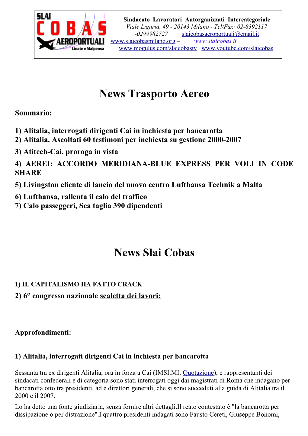 News Trasporto Aereo News Slai Cobas