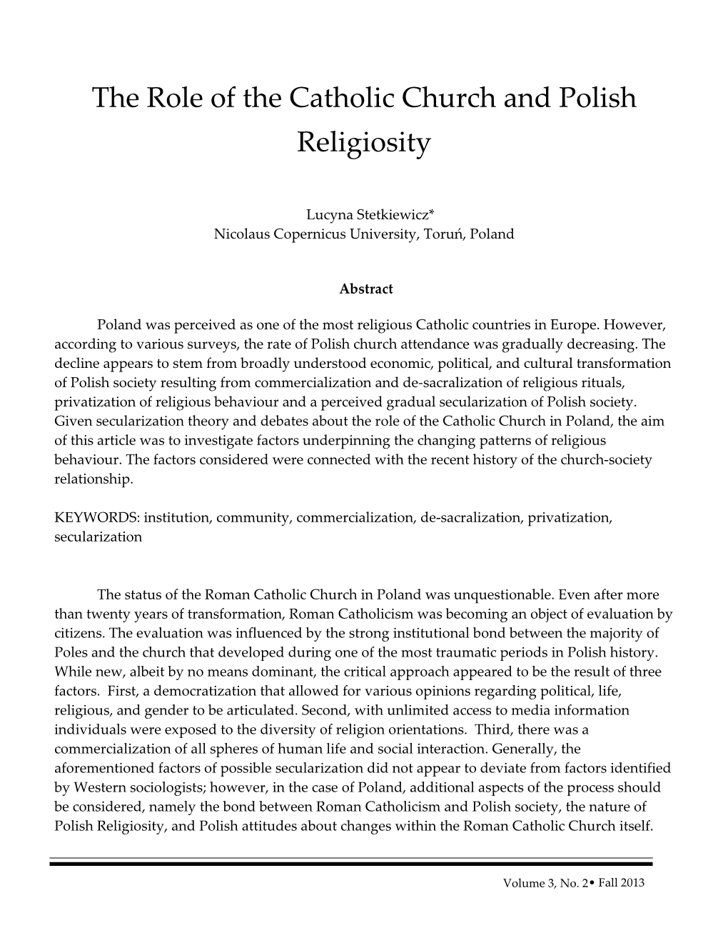 The Role of the Catholic Church and Polish Religiosity