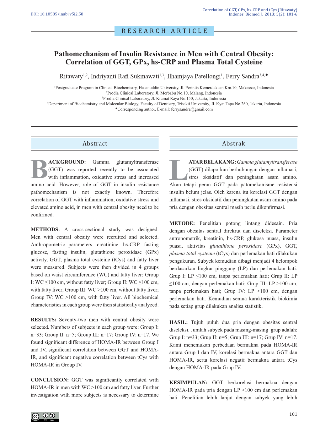 Pathomechanism of Insulin Resistance in Men with Central Obesity: Correlation of GGT, Gpx, Hs-CRP and Plasma Total Cysteine