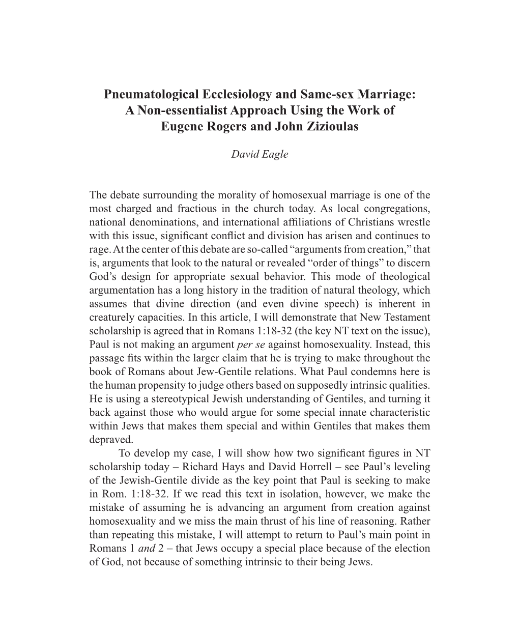 Pneumatological Ecclesiology and Same-Sex Marriage: a Non-Essentialist Approach Using the Work of Eugene Rogers and John Zizioulas