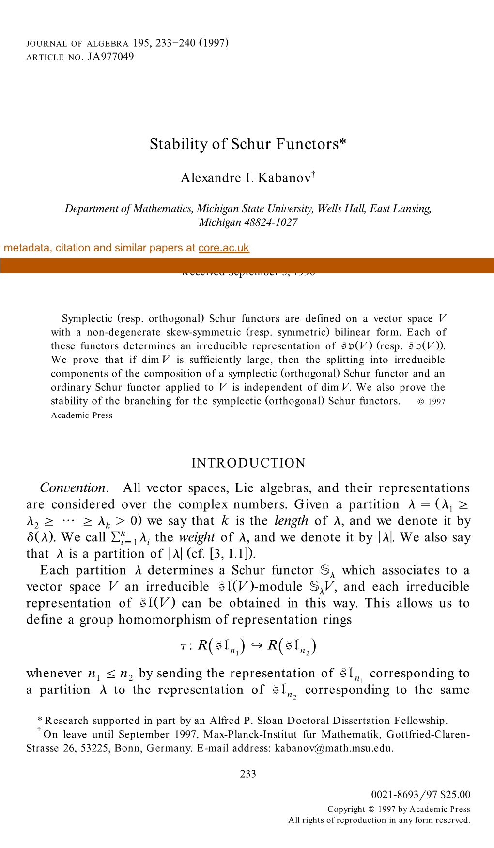 Stability of Schur Functors*