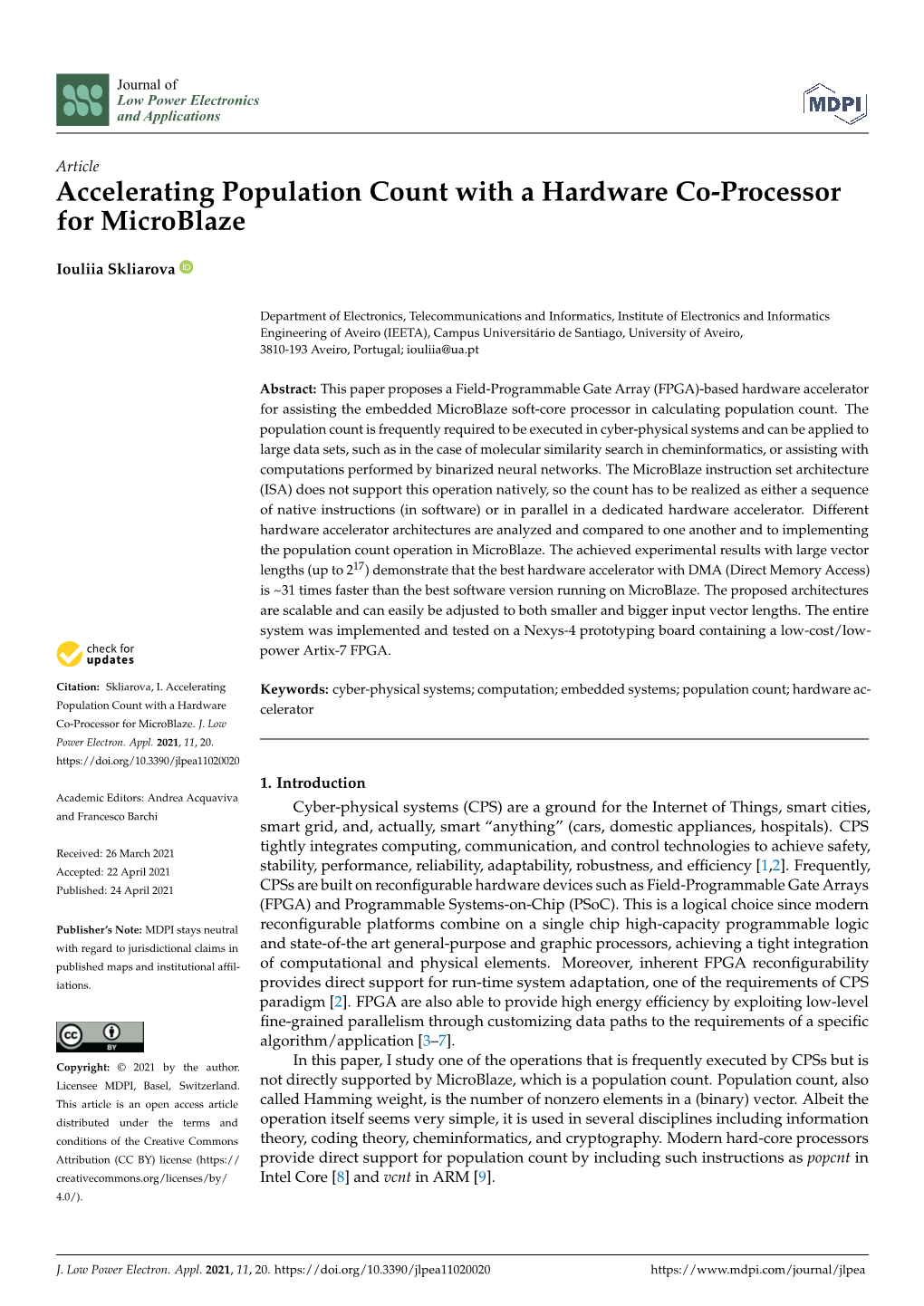 Accelerating Population Count with a Hardware Co-Processor for Microblaze