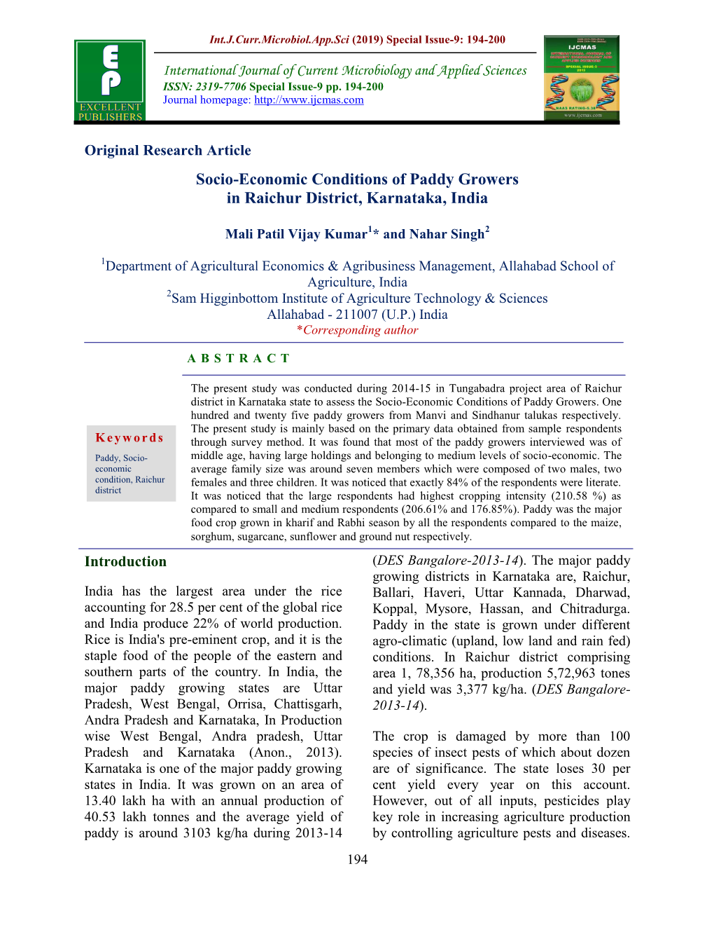 Socio-Economic Conditions of Paddy Growers in Raichur District, Karnataka, India