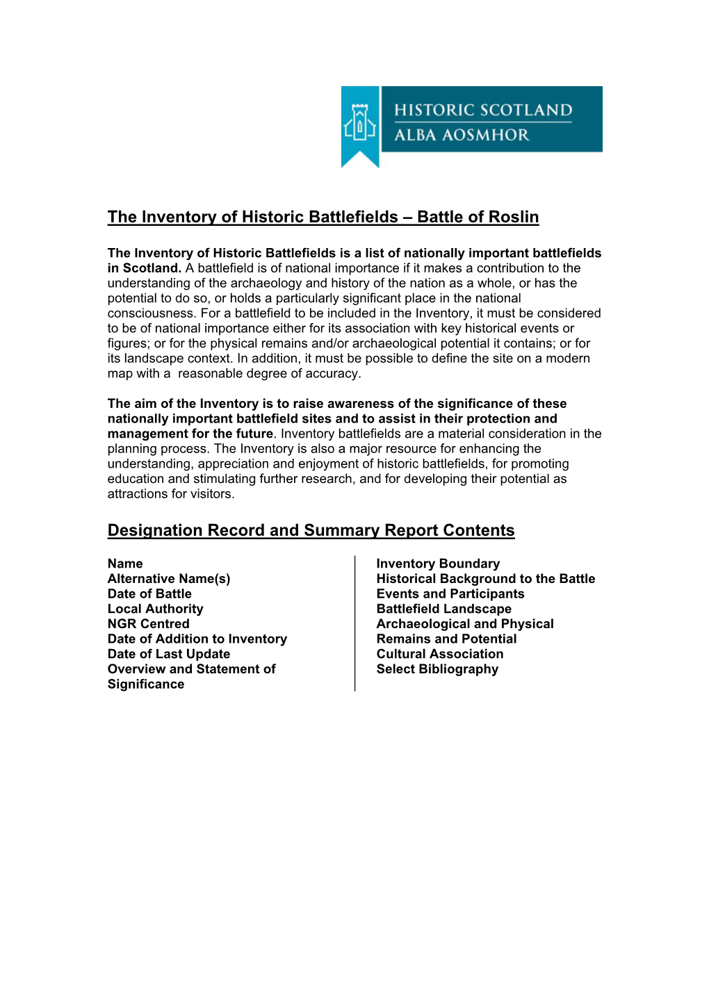 The Inventory of Historic Battlefields – Battle of Roslin Designation Record