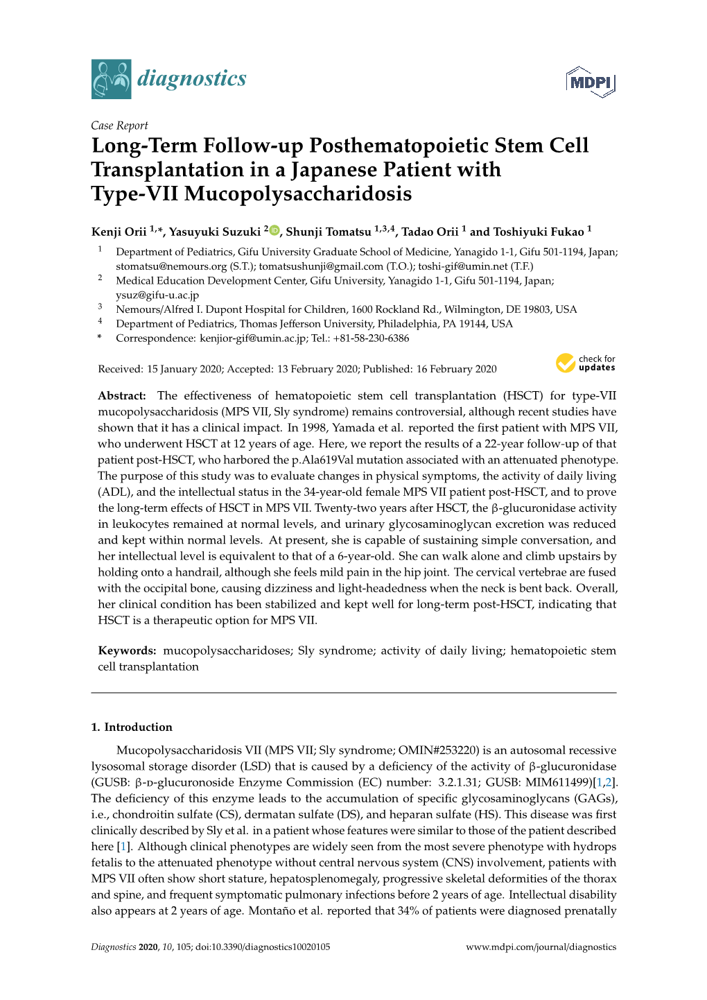 Long-Term Follow-Up Posthematopoietic Stem Cell Transplantation in a Japanese Patient with Type-VII Mucopolysaccharidosis