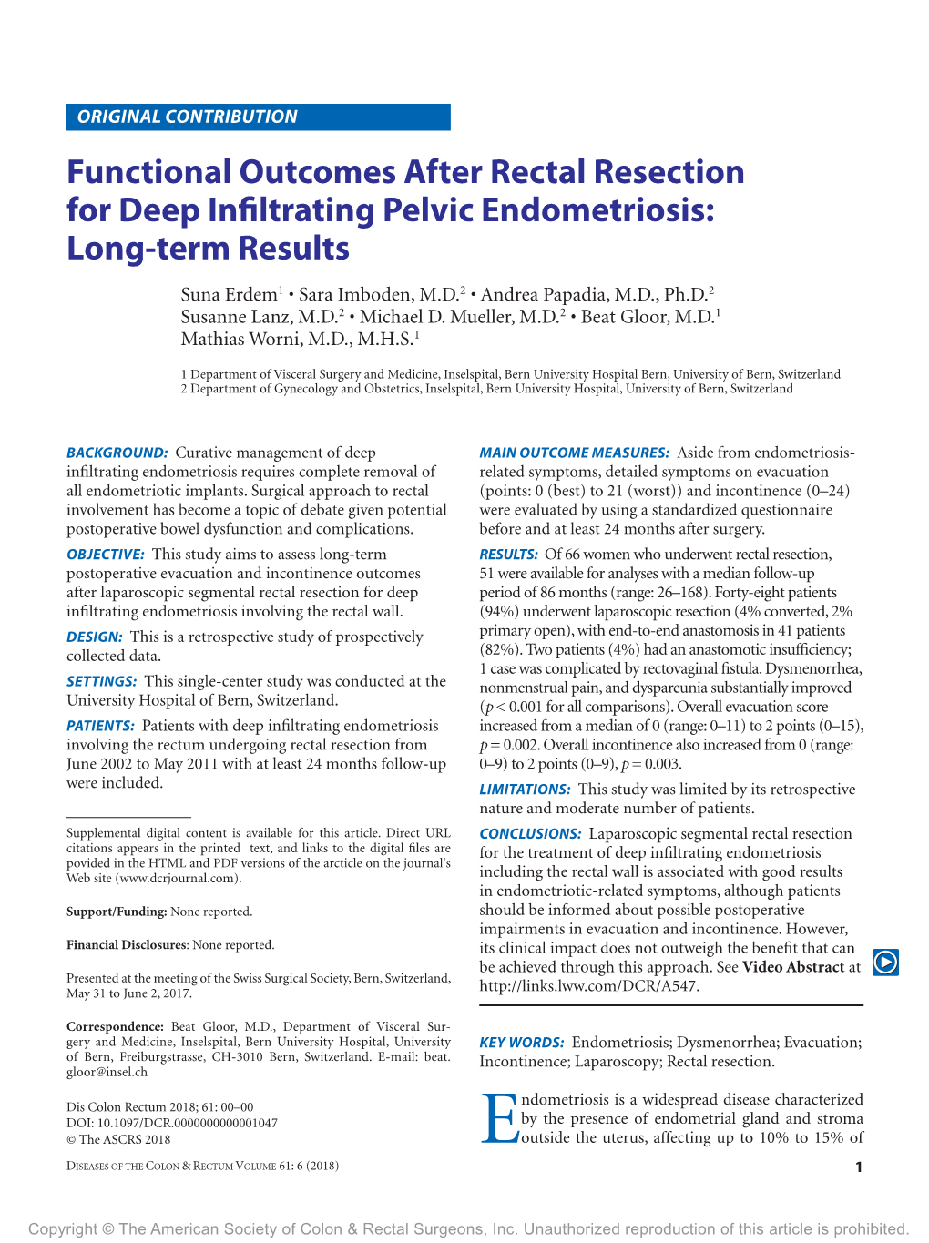 Functional Outcomes After Rectal Resection for Deep Infiltrating Pelvic Endometriosis: Long-Term Results