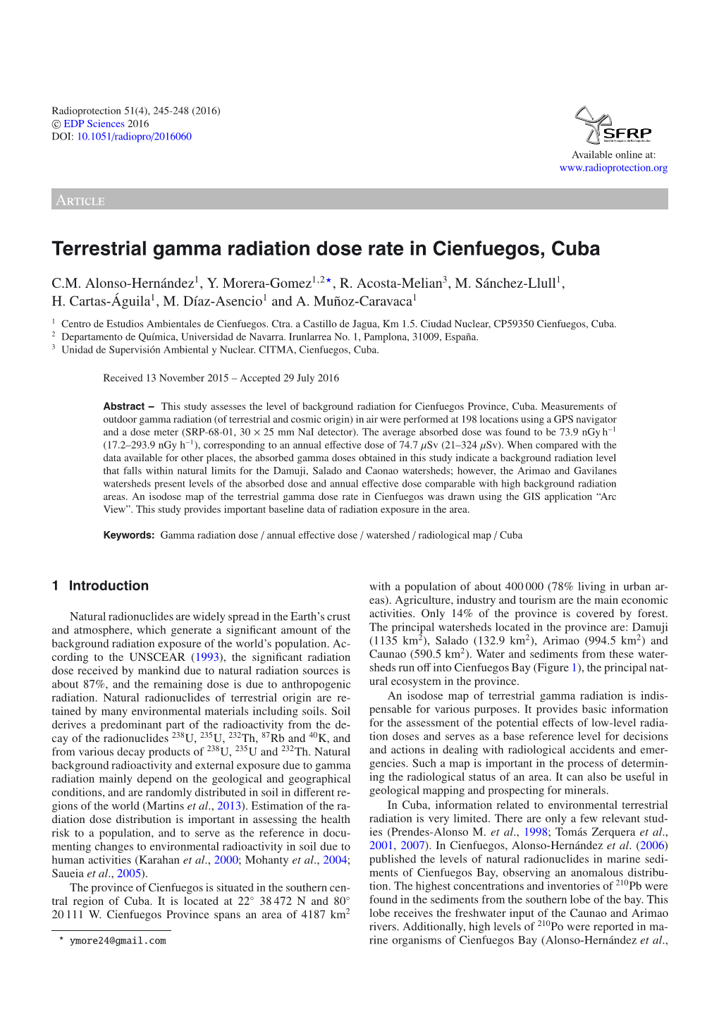 Terrestrial Gamma Radiation Dose Rate in Cienfuegos, Cuba