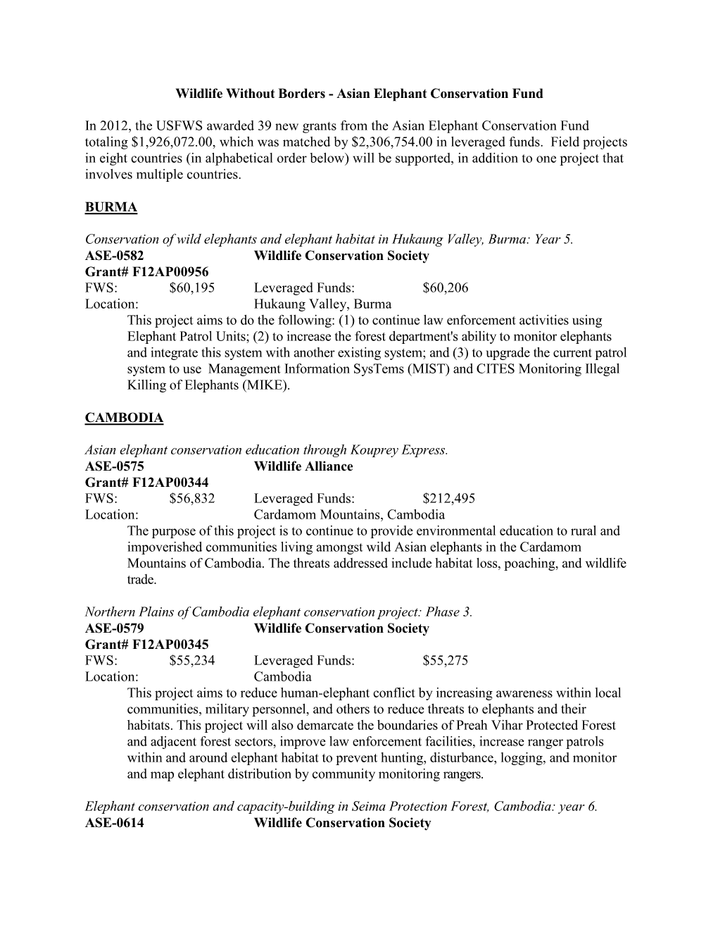 2012, the USFWS Awarded 39 New Grants from the Asian Elephant Conservation Fund Totaling $1,926,072.00, Which Was Matched by $2,306,754.00 in Leveraged Funds