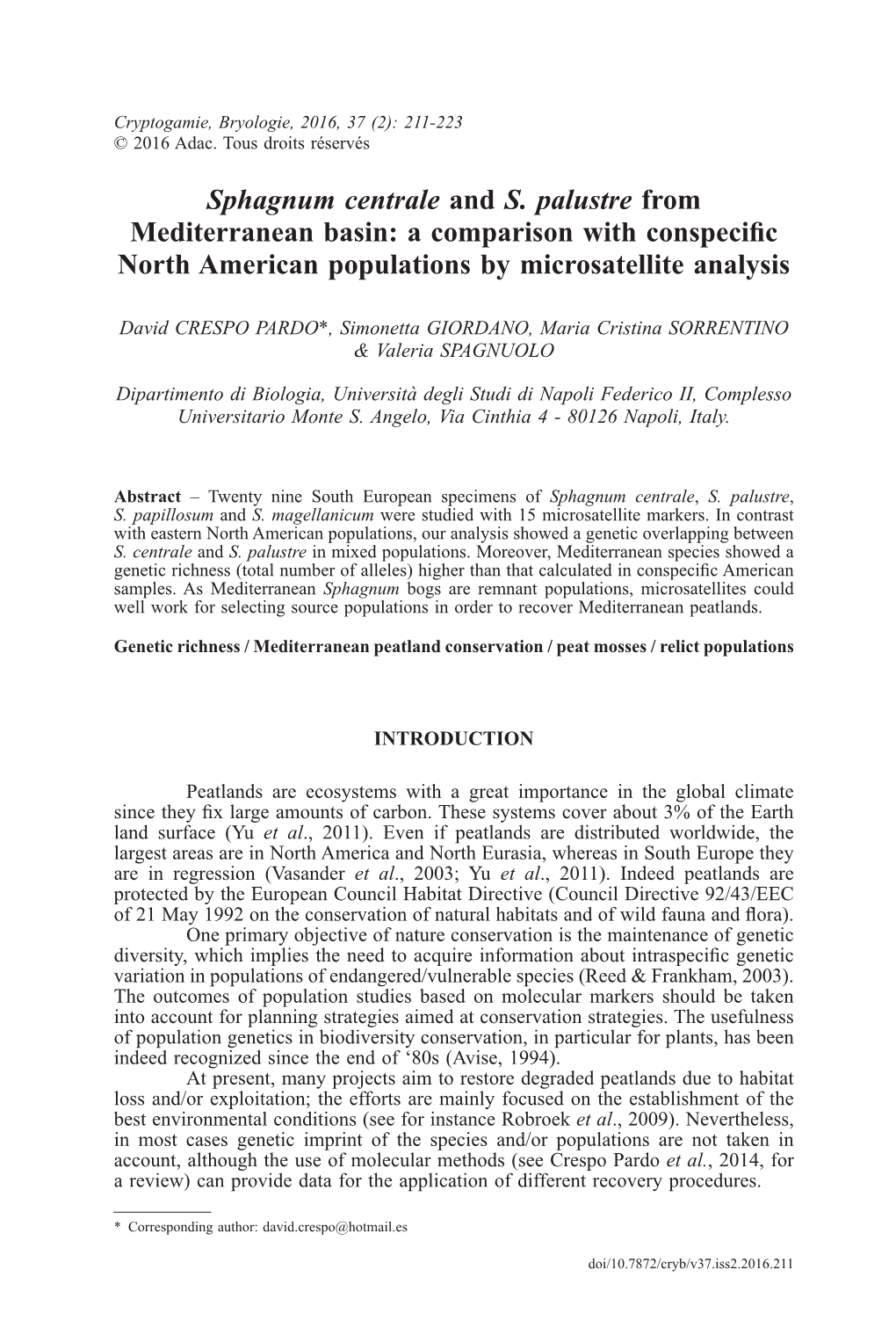 Sphagnum Centrale and S. Palustre from Mediterranean Basin: a Comparison with Conspecific North American Populations by Microsatellite Analysis
