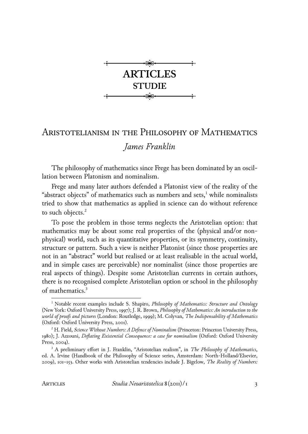 Aristotelianism in the Philosophy of Mathematics James Franklin